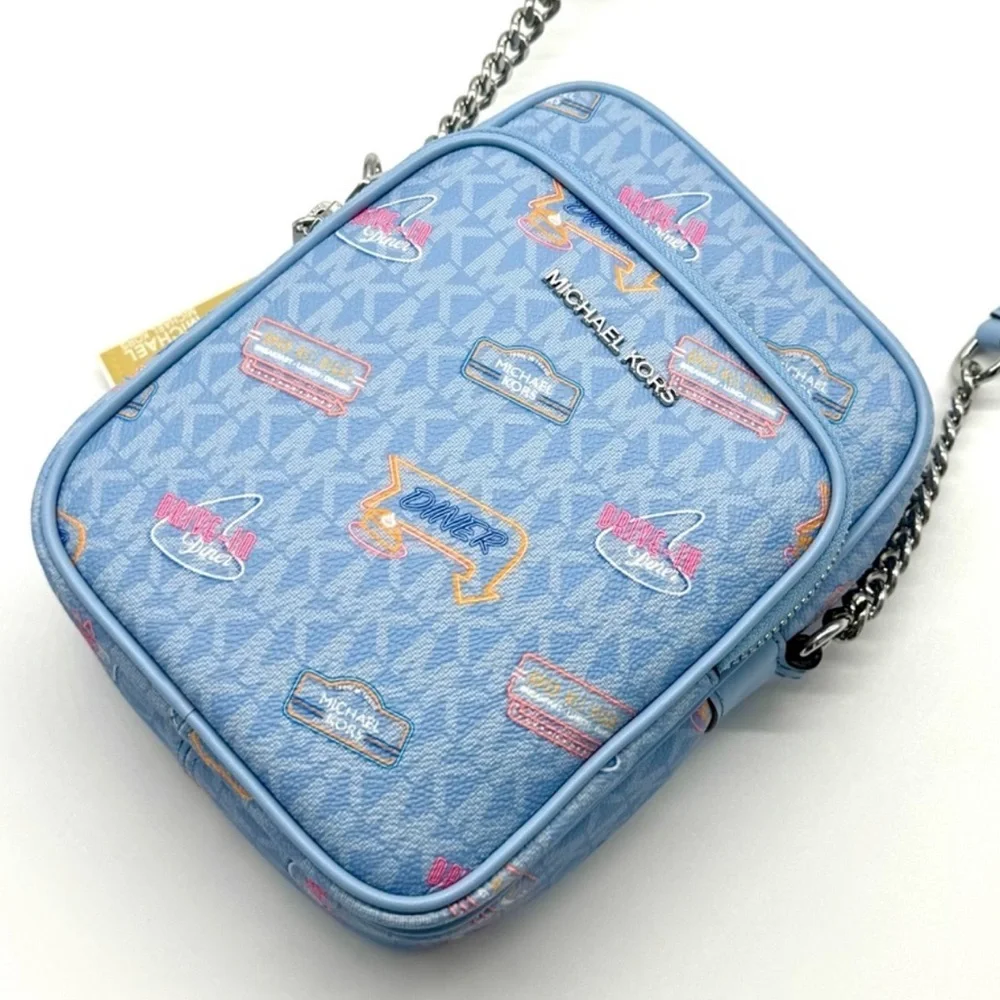 Michael Kors Jet Set Medium Printed Signature Logo Crossbody Bag Light Sky Blue